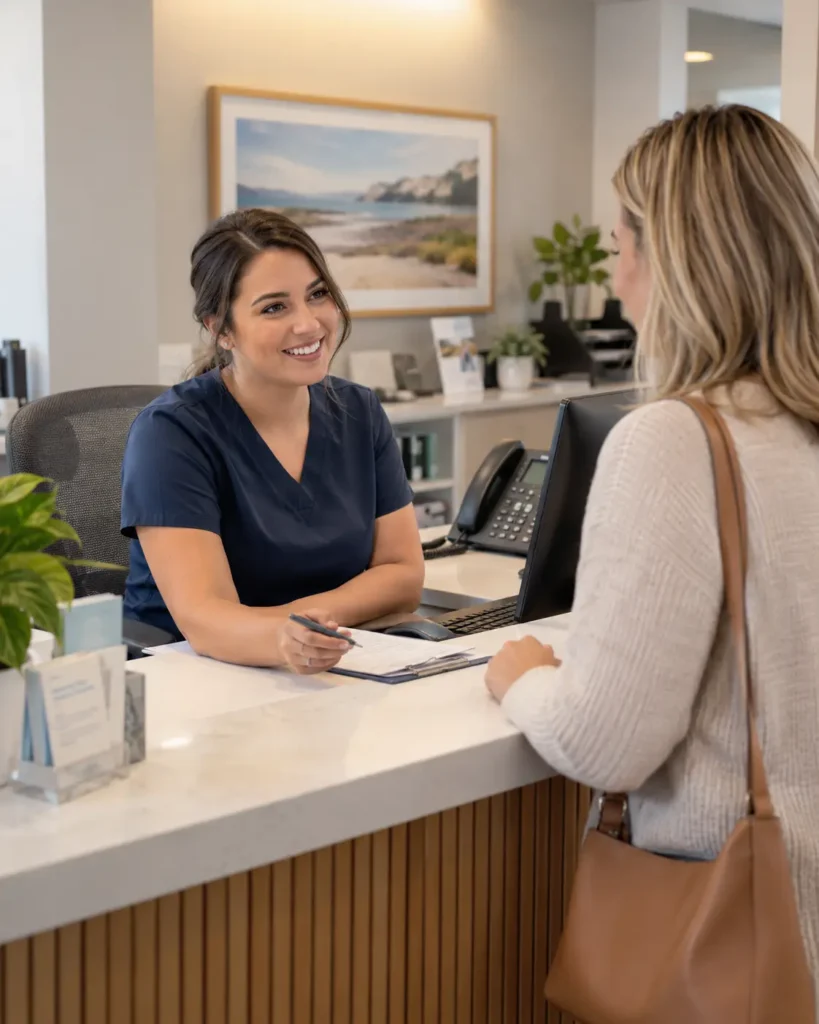 Front desk staff member in scrubs helping a patient at a reception counter, desk phone beside her