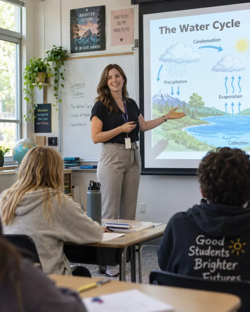 Teacher presenting a science lesson on the water cycle to her class