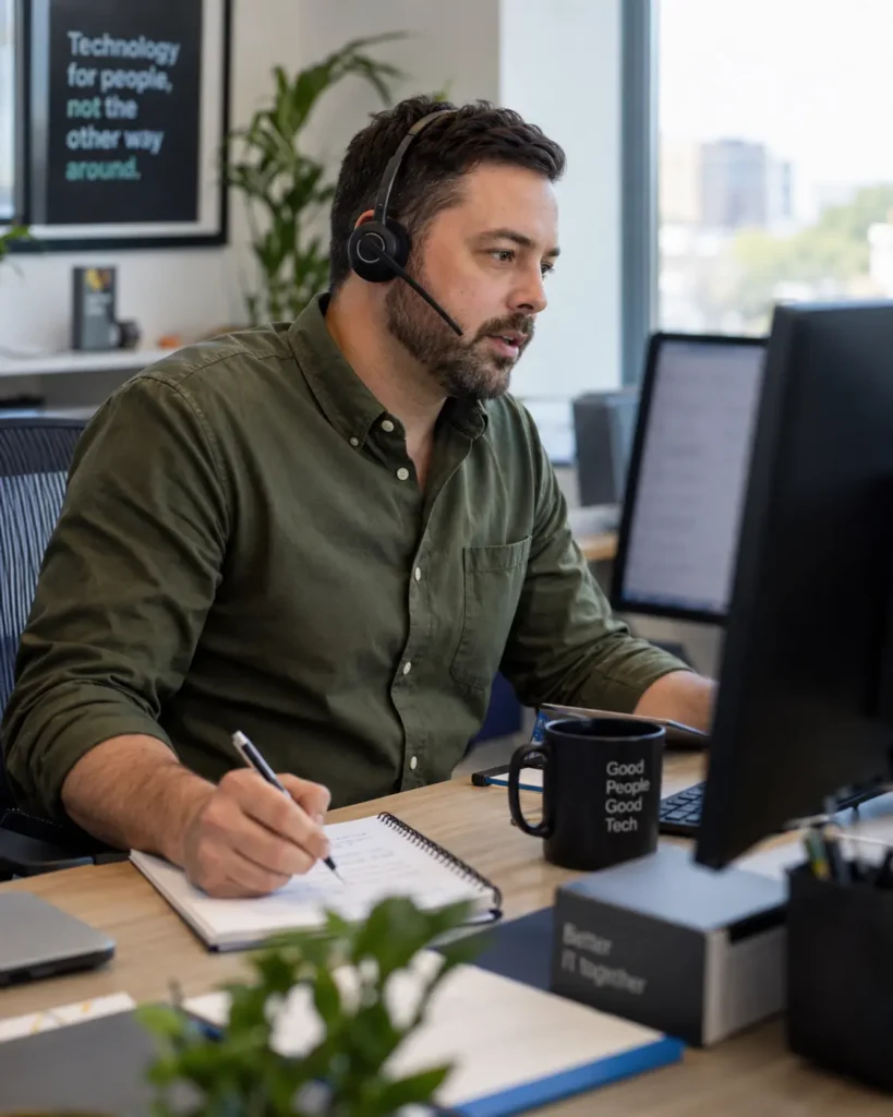 Engineer wearing a headset takes handwritten notes during a discovery call at a bright office desk
