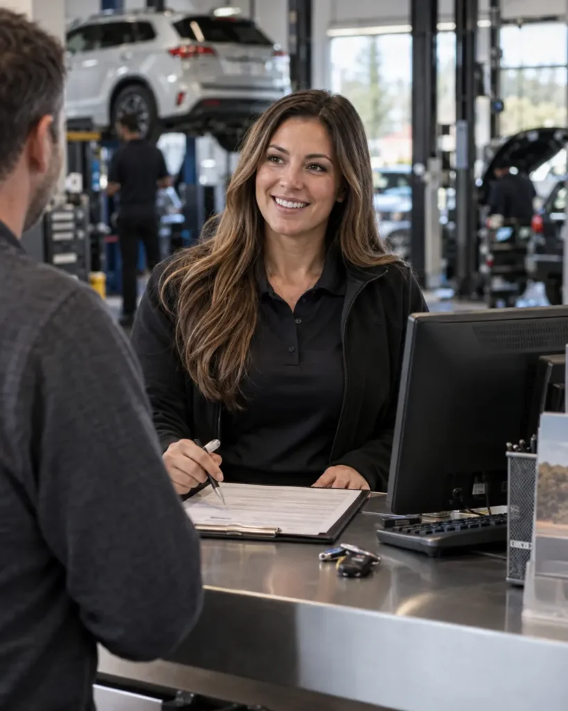 Service advisor smiling across the counter at a customer, with cars on lifts in the service bays behind her