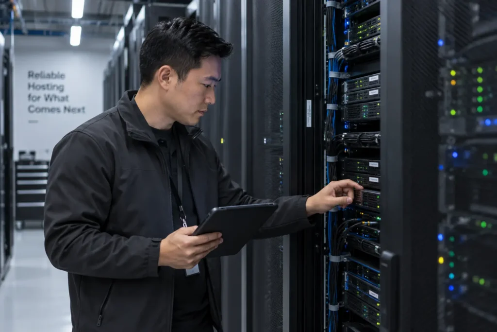 Engineer holding a tablet checks a server in a data center rack lined with blue network cabling