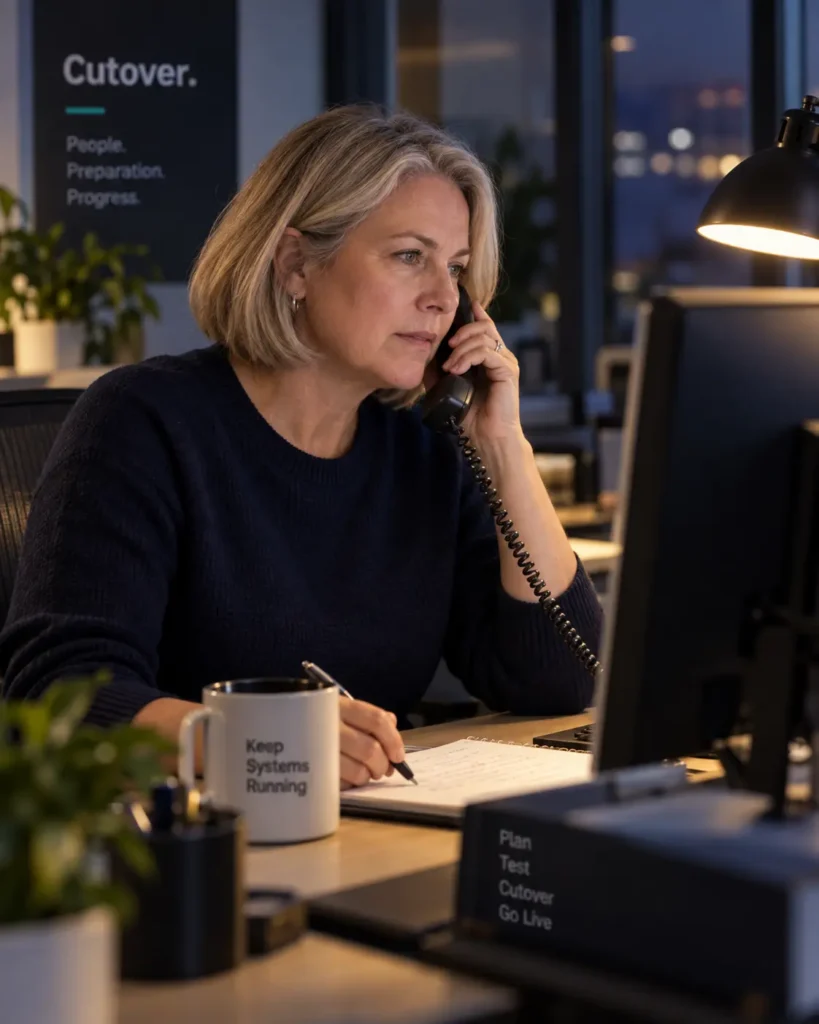 Project lead on a desk phone takes notes in the evening while overseeing a phone system cutover