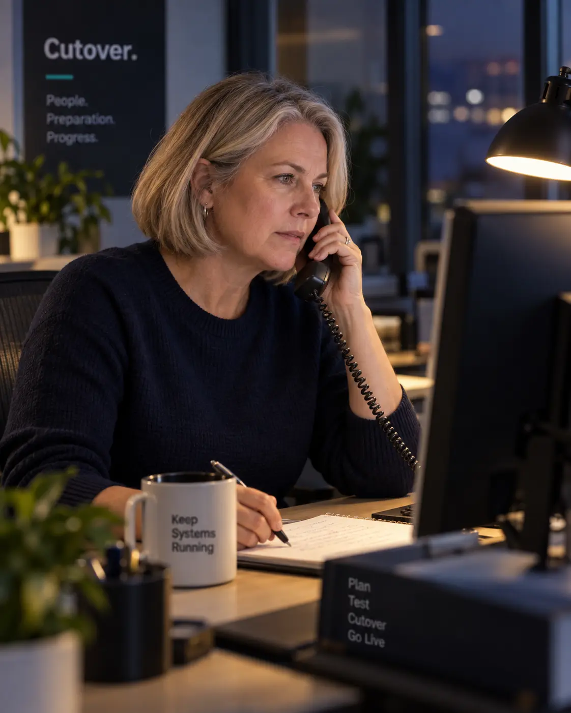 Project lead on a desk phone takes notes in the evening while overseeing a phone system cutover