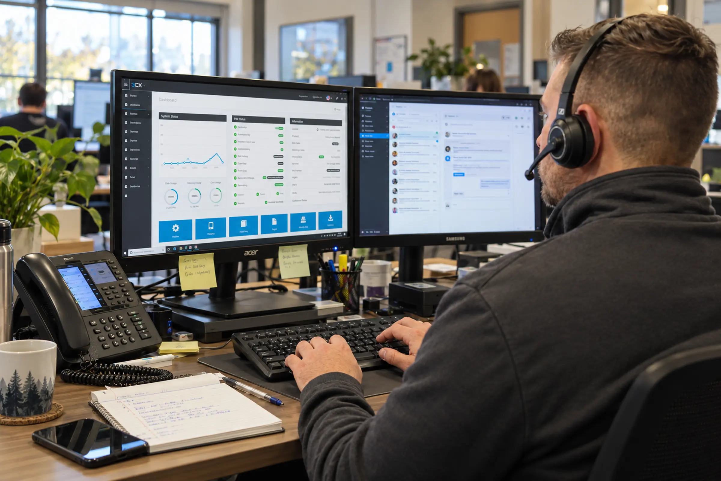 A SPARK engineer at his desk, headset on, watching a live phone system dashboard.