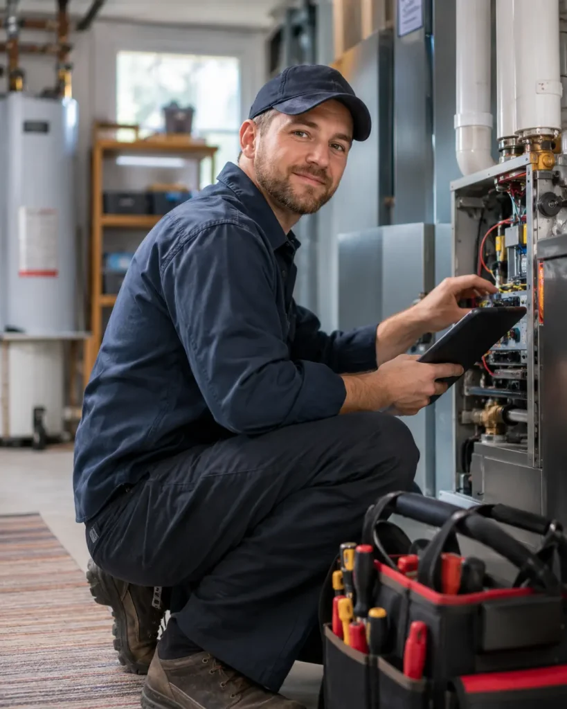 HVAC technician kneeling at an open furnace with a tablet and his tool bag