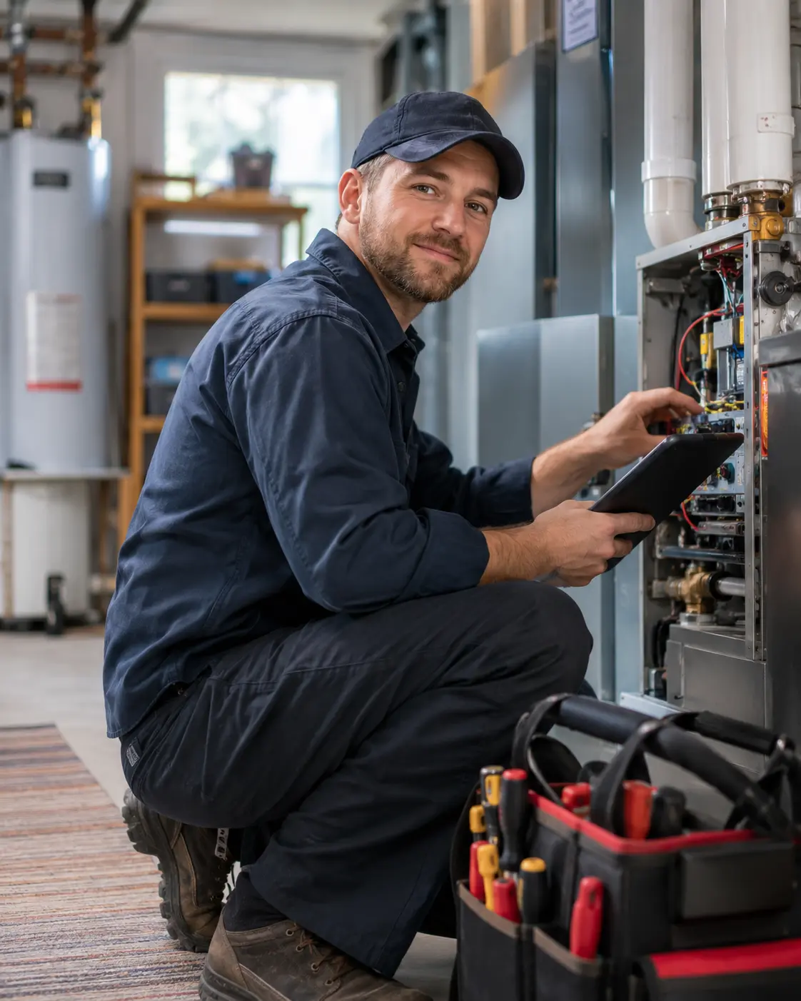 HVAC technician kneeling at an open furnace with a tablet and his tool bag