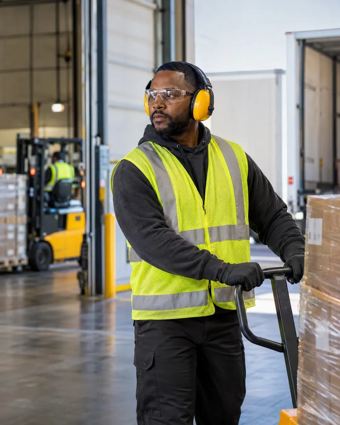 Warehouse worker in a hi-vis vest and ear defenders moving a pallet at the loading dock