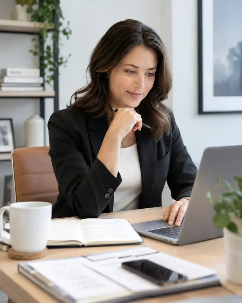 Consultant reviewing work on her laptop at a desk in a small office