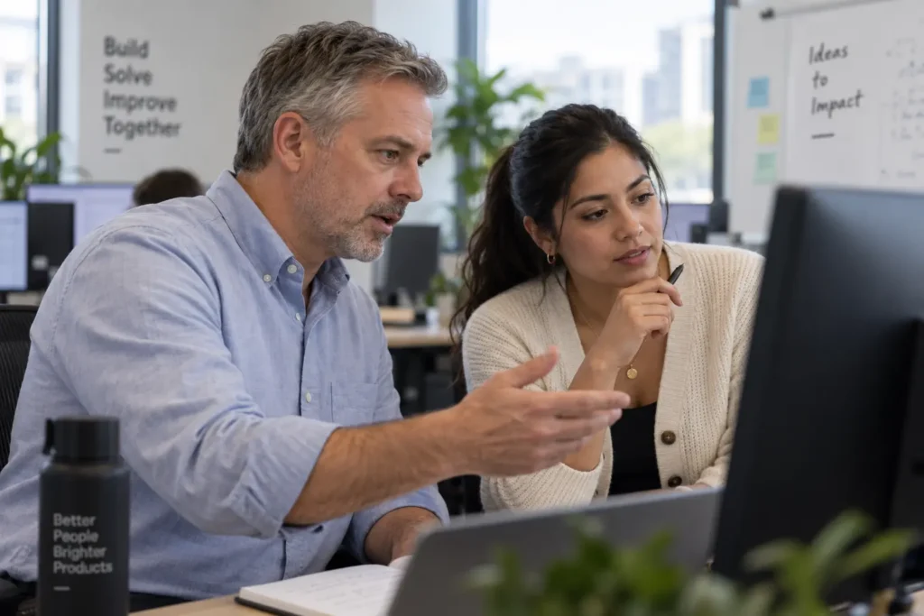 Two colleagues review a project plan at a monitor; one explains while the other listens, pen in hand
