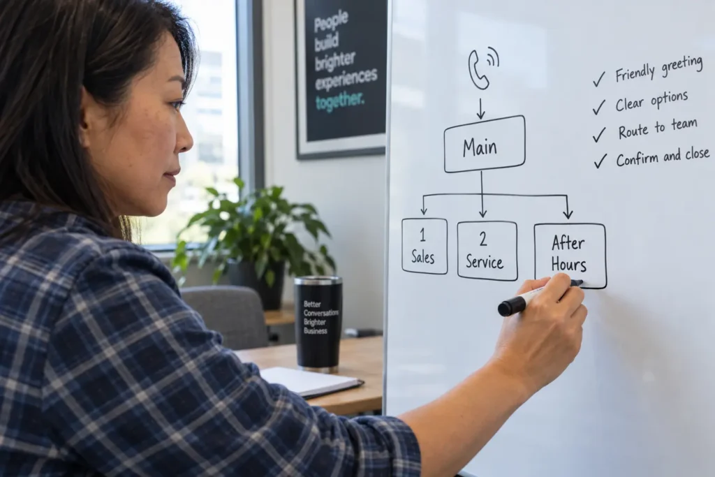 Engineer draws a call flow on a whiteboard: main menu routing to sales, service and after hours